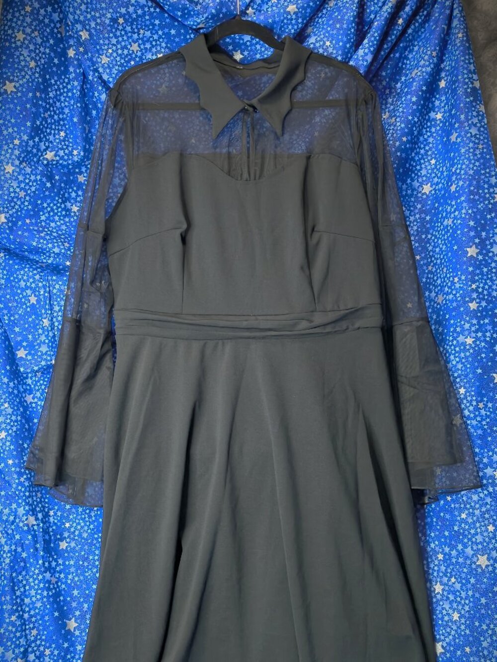 Bat collar sheer bodice & bell sleeve lightweight stretchy little black dress 3X